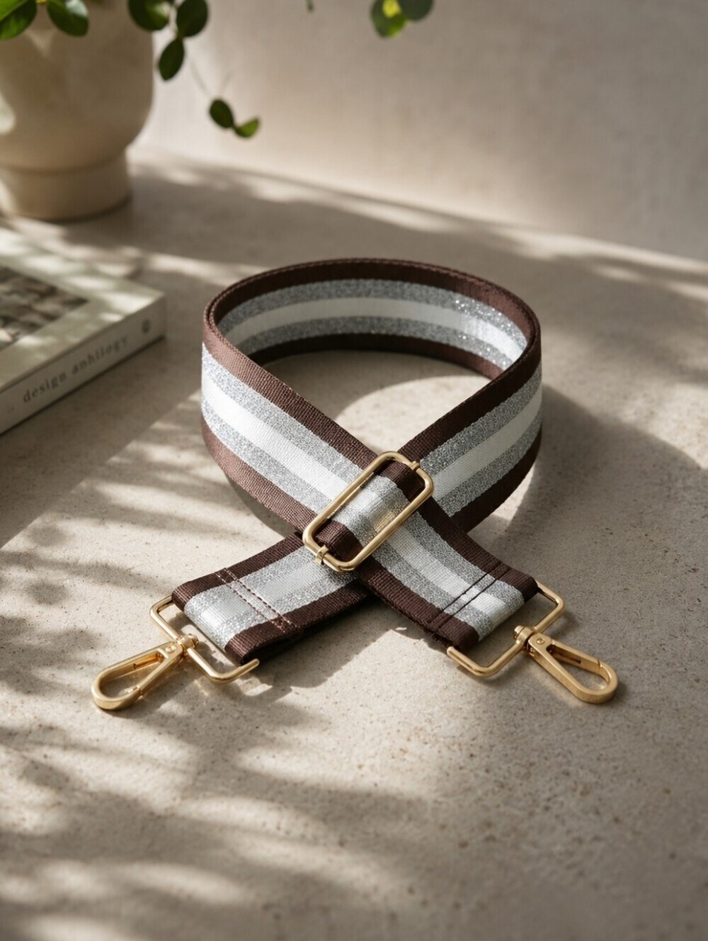 Brown Silver Stripe Bag Replacement Strap Goldenโ Hardware Adjustable Casual - Picture 1 of 10